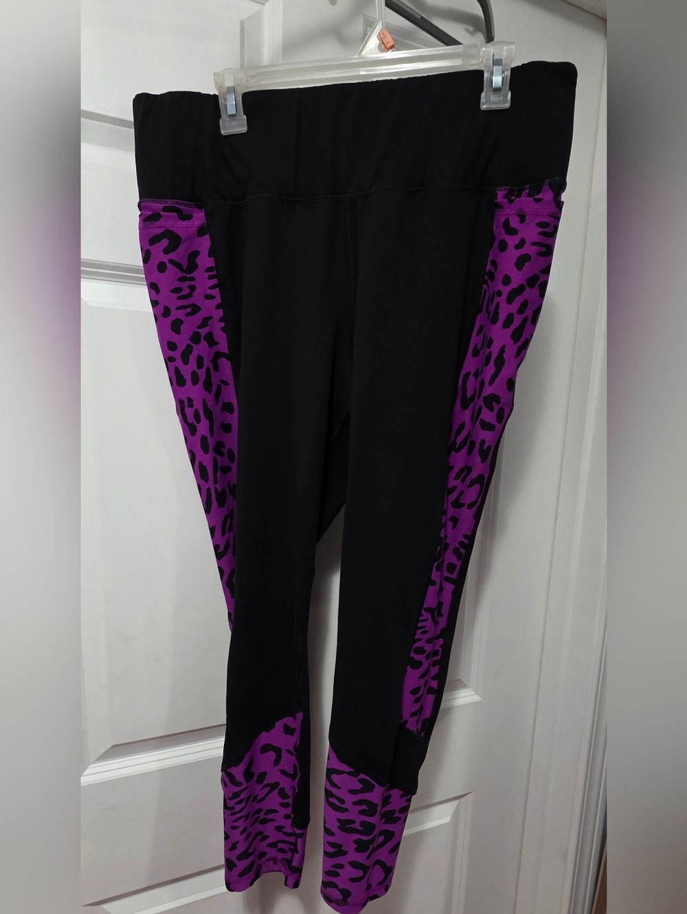 Livi Active Black Leggings with Purple Leopard Side Panels